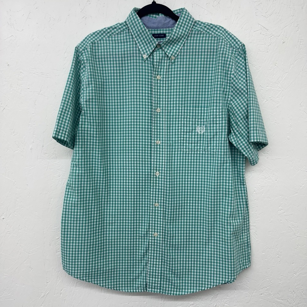 CHAPS SizeL Green Check Cotton Button Front Shirt Short Sleeves Easy Care Pocket - Picture 1 of 5